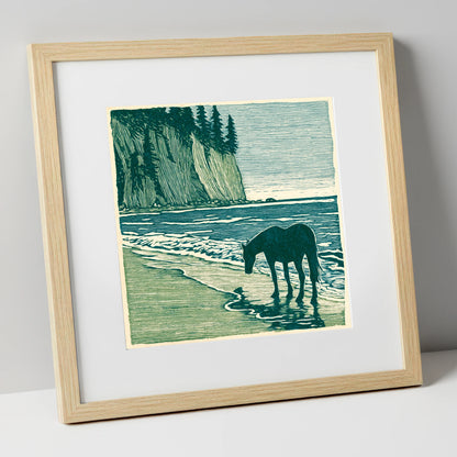 Coastal Waters Retreat horse landscape art print in natural frame