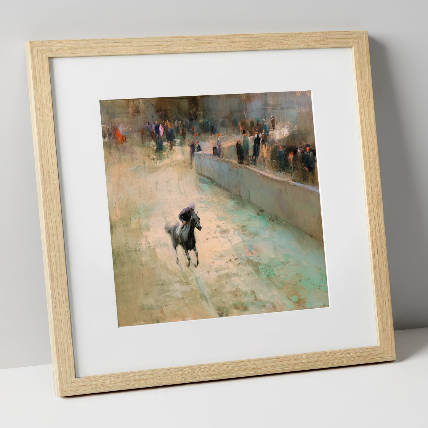 Echoes of the Track racing horse art print in natural frame