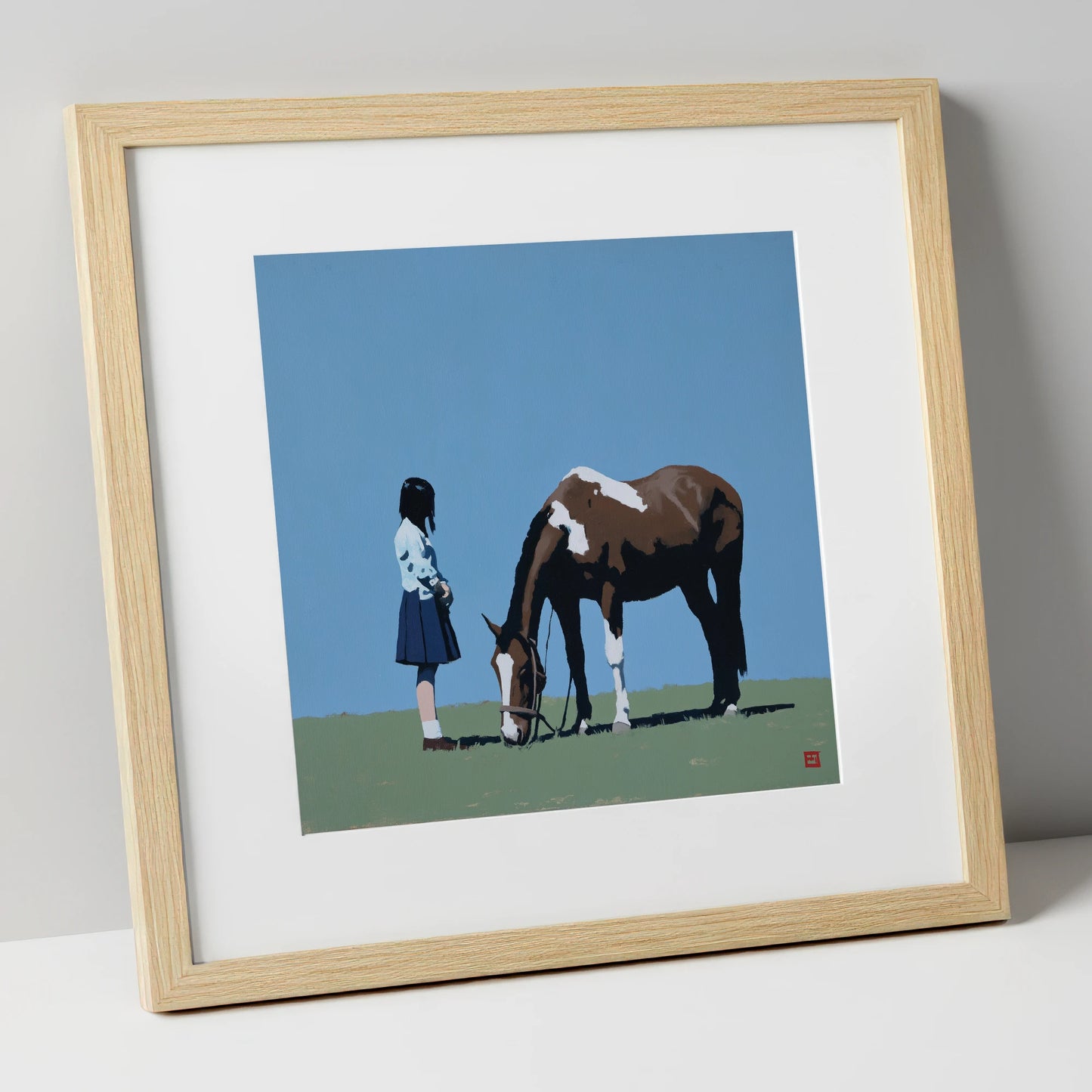 Silent Companionship horse & rider art print in natural frame