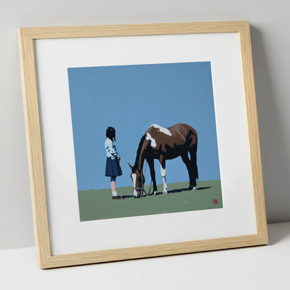 Silent Companionship horse & rider art print in natural frame
