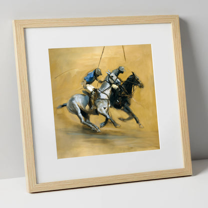 The Ride Off polo horse art print in natural frame