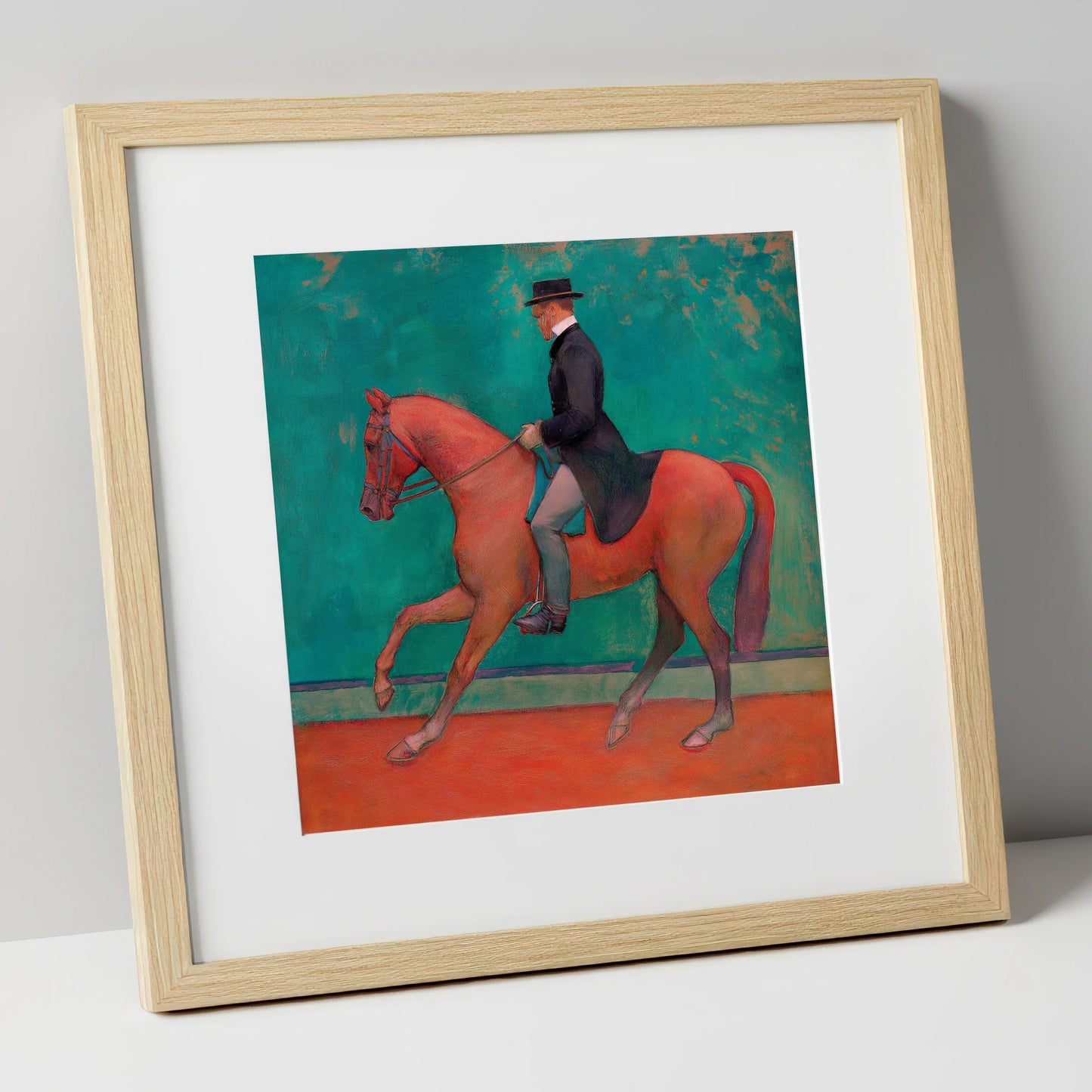 The Emerald Passage dressage horse art print in natural frame