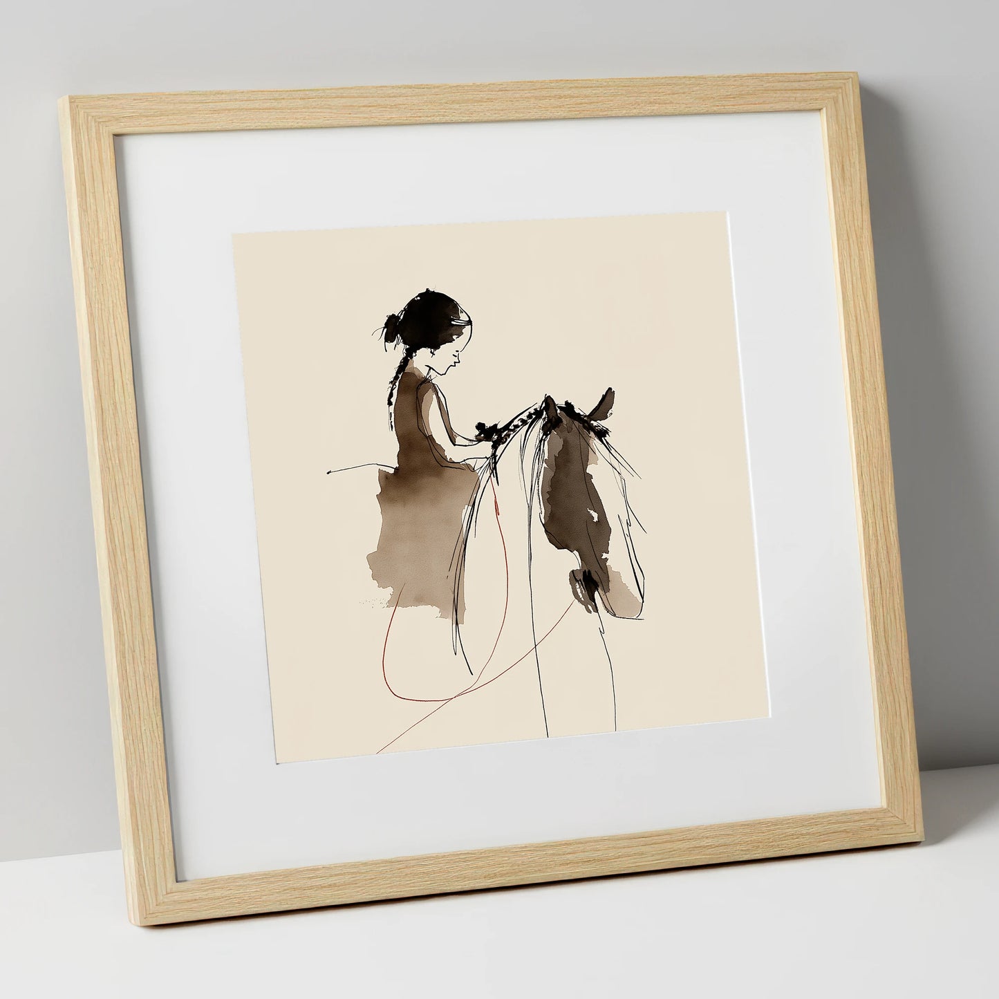 Silent Understanding horse & rider art print in natural frame