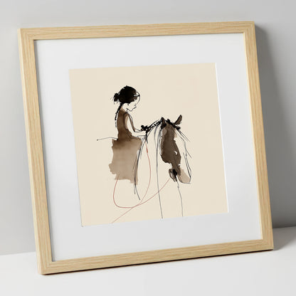 Silent Understanding horse & rider art print in natural frame