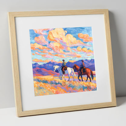Painted Horizon Riders horse landscape art print in natural frame