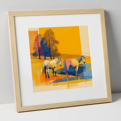 Abstract Golden Pasture horse landscape art print in natural frame