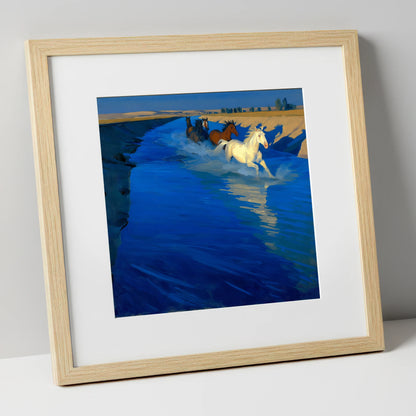Azure Water Crossing wild horses art print in natural frame