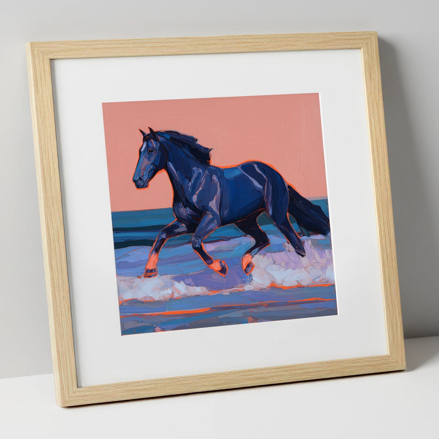 Indigo Surf Canter beach horse art print in natural frame