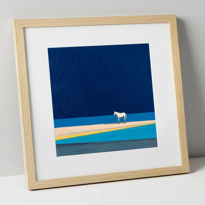Midnight Blue Horizon horse landscape art print in natural frame