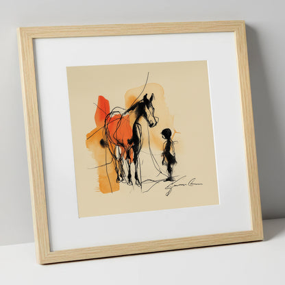The Unspoken Bond horse & rider art print in natural frame