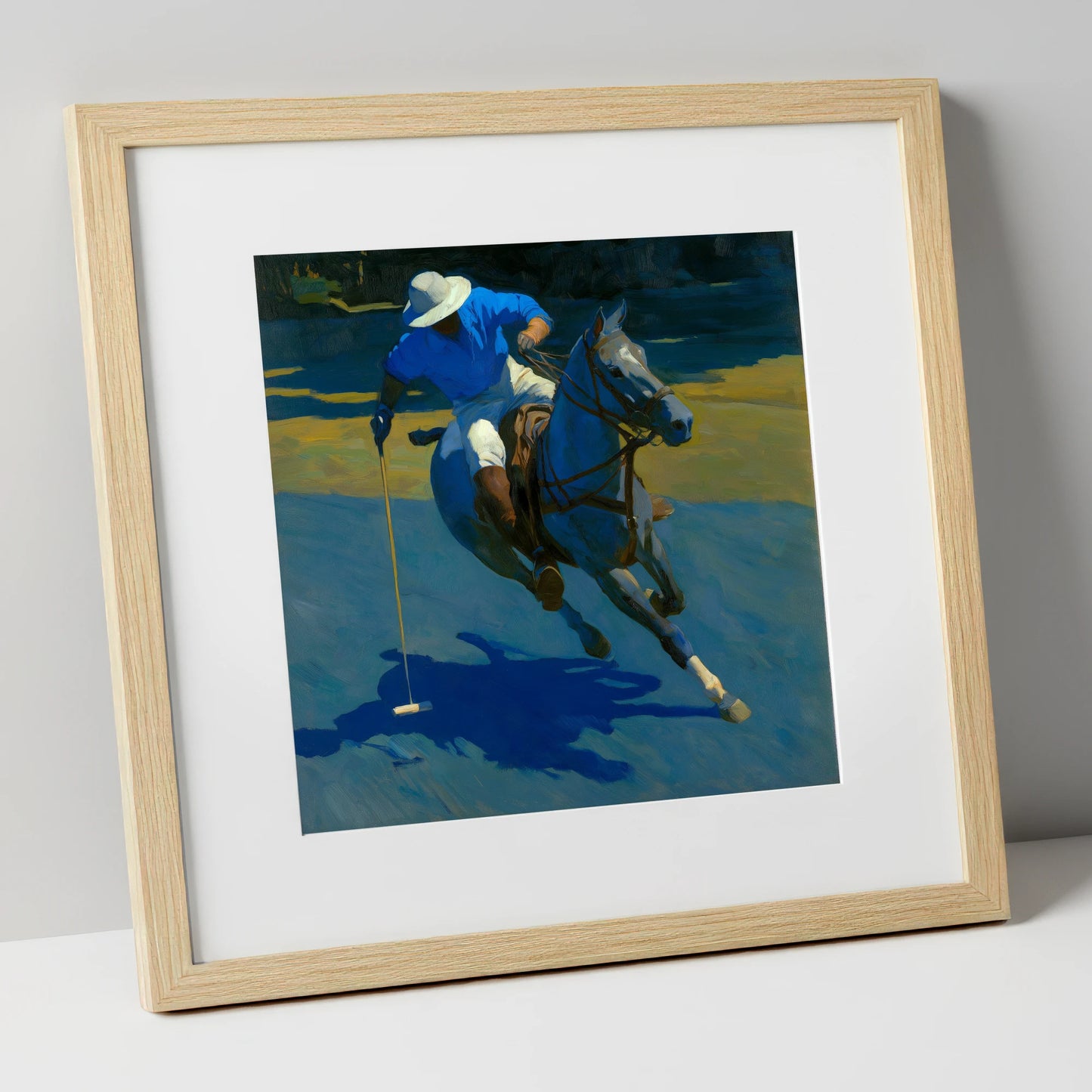 Sunlit Polo Run polo horse art print in natural frame