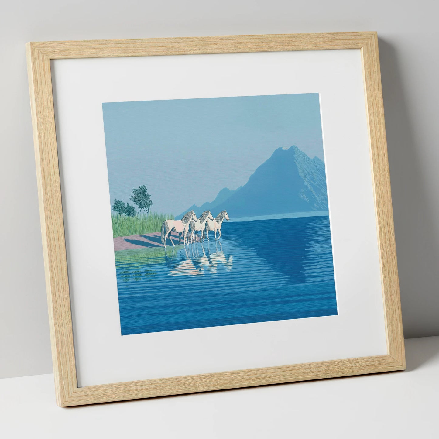 Reflections in Azure wild horses art print in natural frame