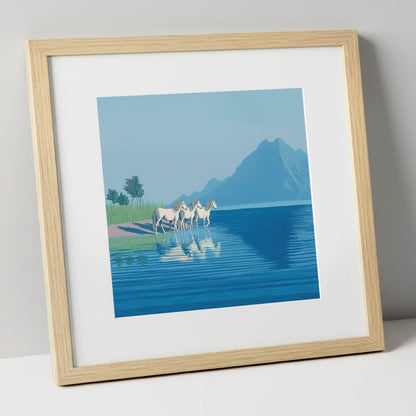 Reflections in Azure wild horses art print in natural frame