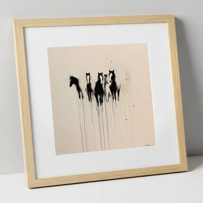 The Silent Herd wild horses art print in natural frame