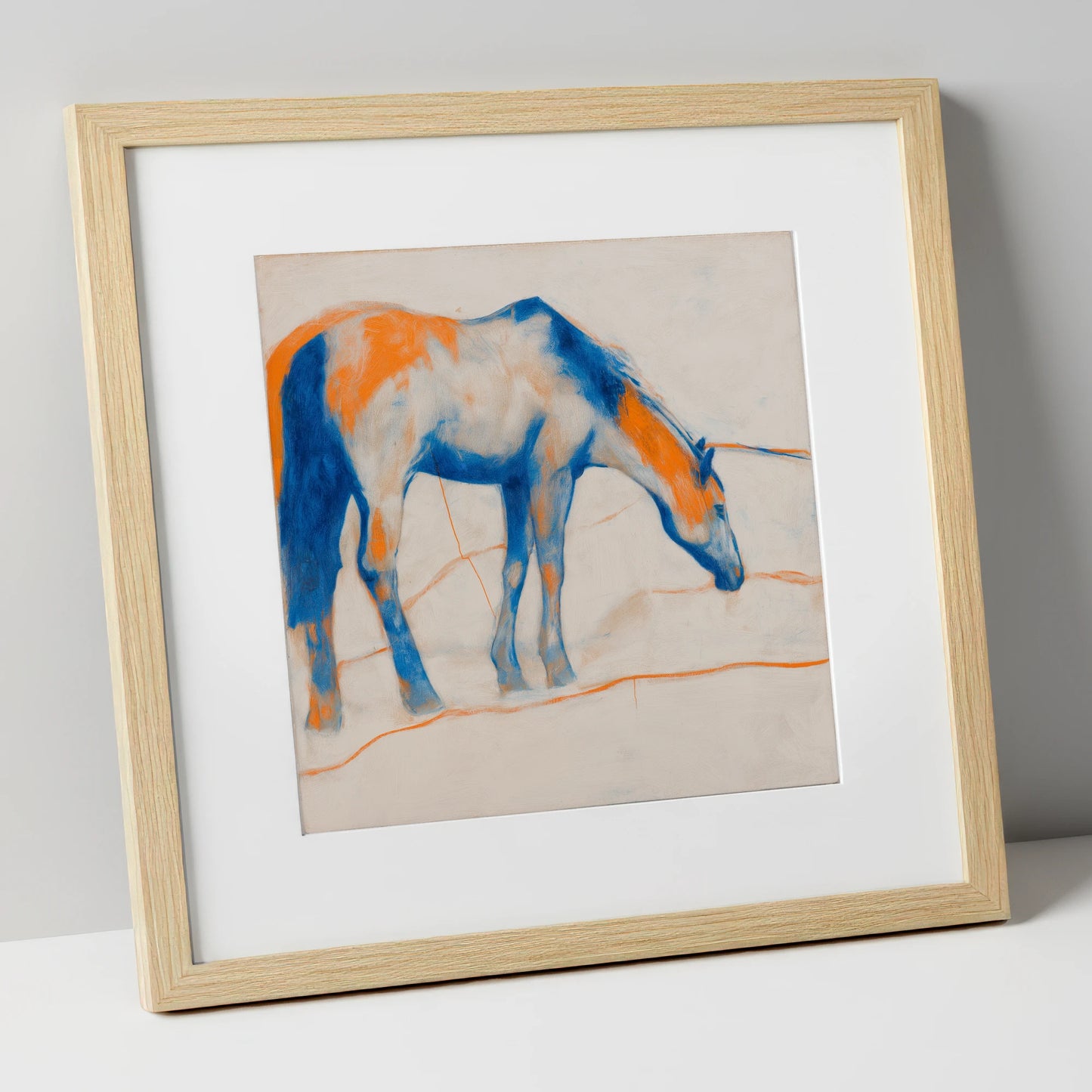 Vibrant Ultramarine Grazer horse portrait art print in natural frame