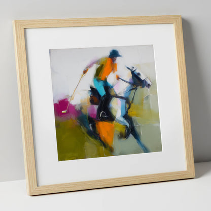 Midfield Momentum polo horse art print in natural frame