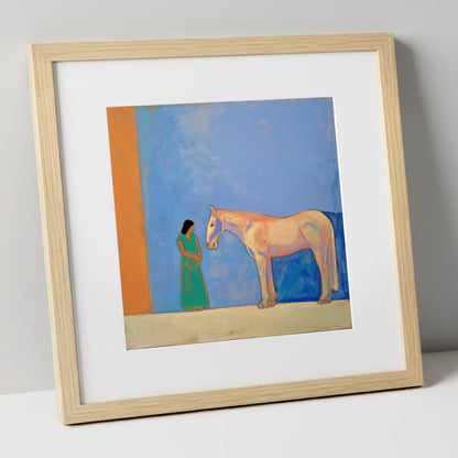 Silent Understanding horse & rider art print in natural frame