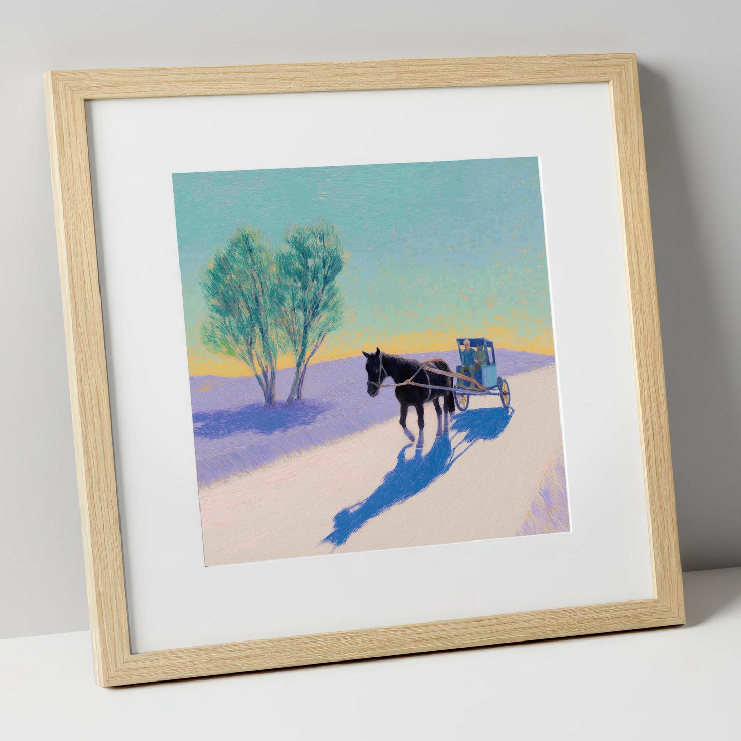 Journey in Lavender Light working horse art print in natural frame