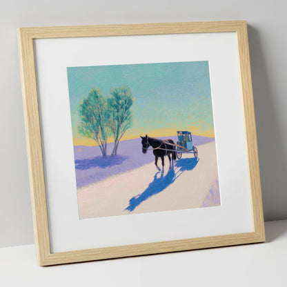 Journey in Lavender Light working horse art print in natural frame