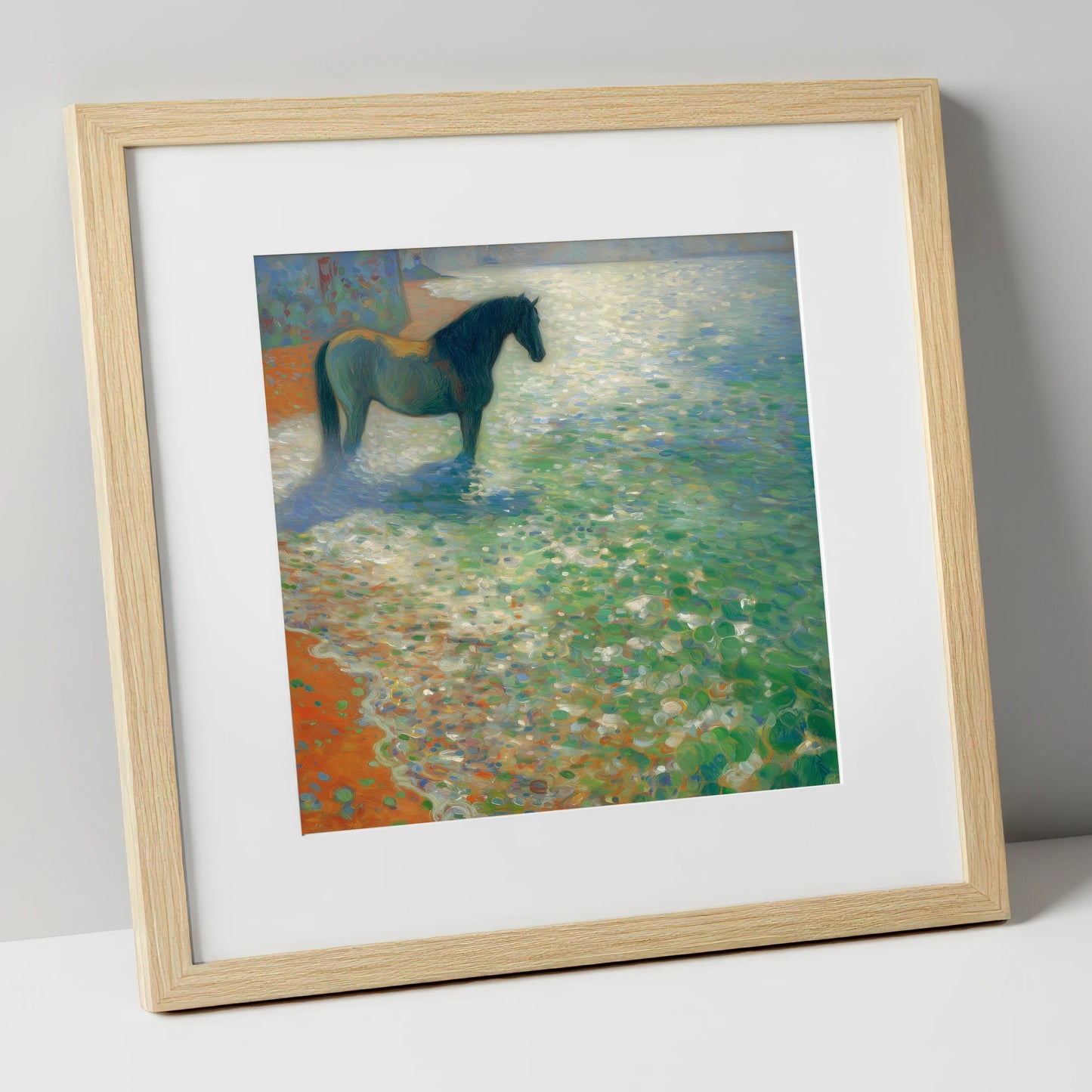 Sunlit Coastal Shallows beach horse art print in natural frame
