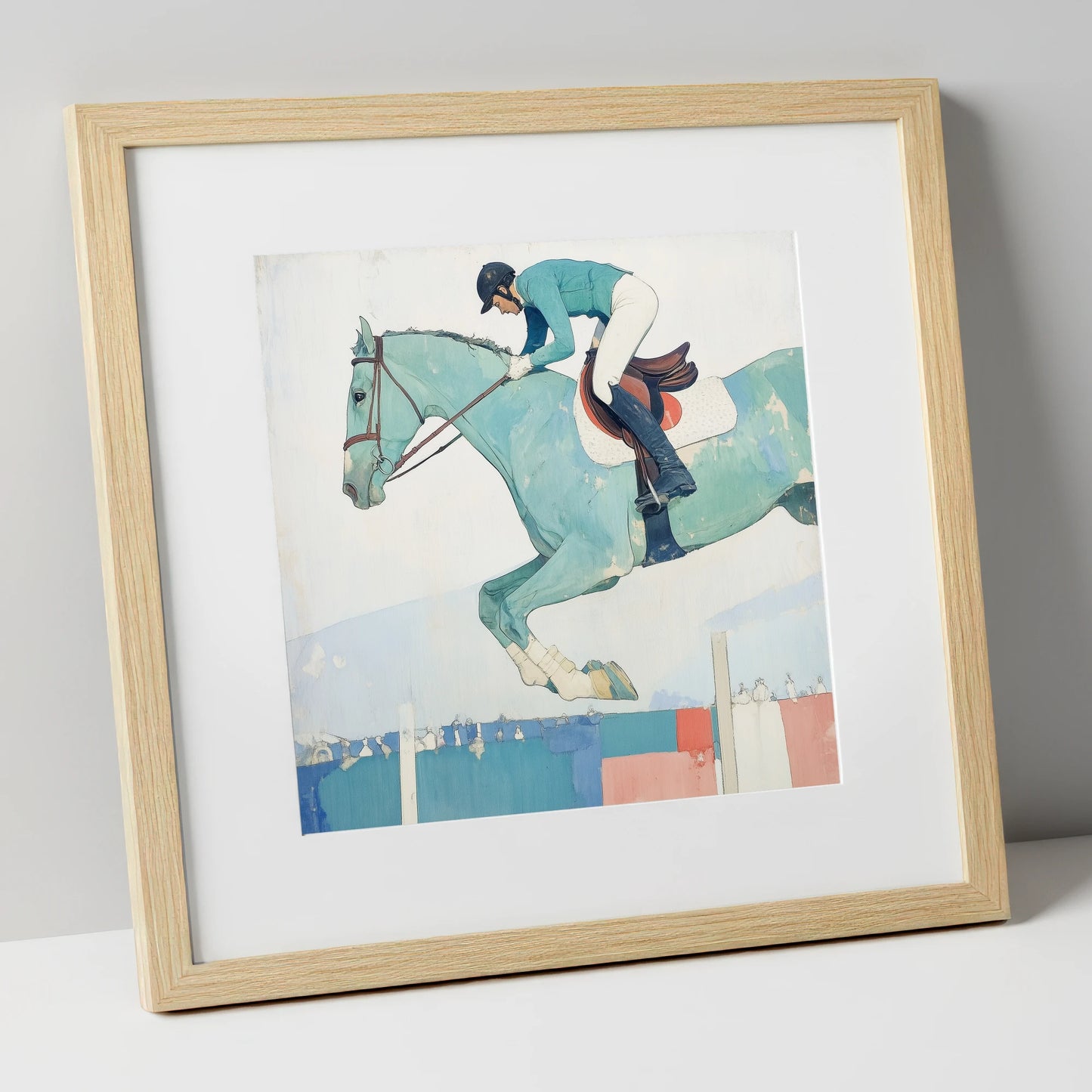 Aquamarine Ascent show jumping horse art print in natural frame