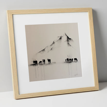 Ethereal Mountain Herd horse landscape art print in natural frame