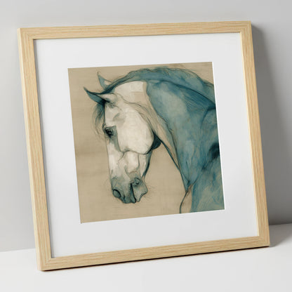 Teal Equine Study horse portrait art print in natural frame