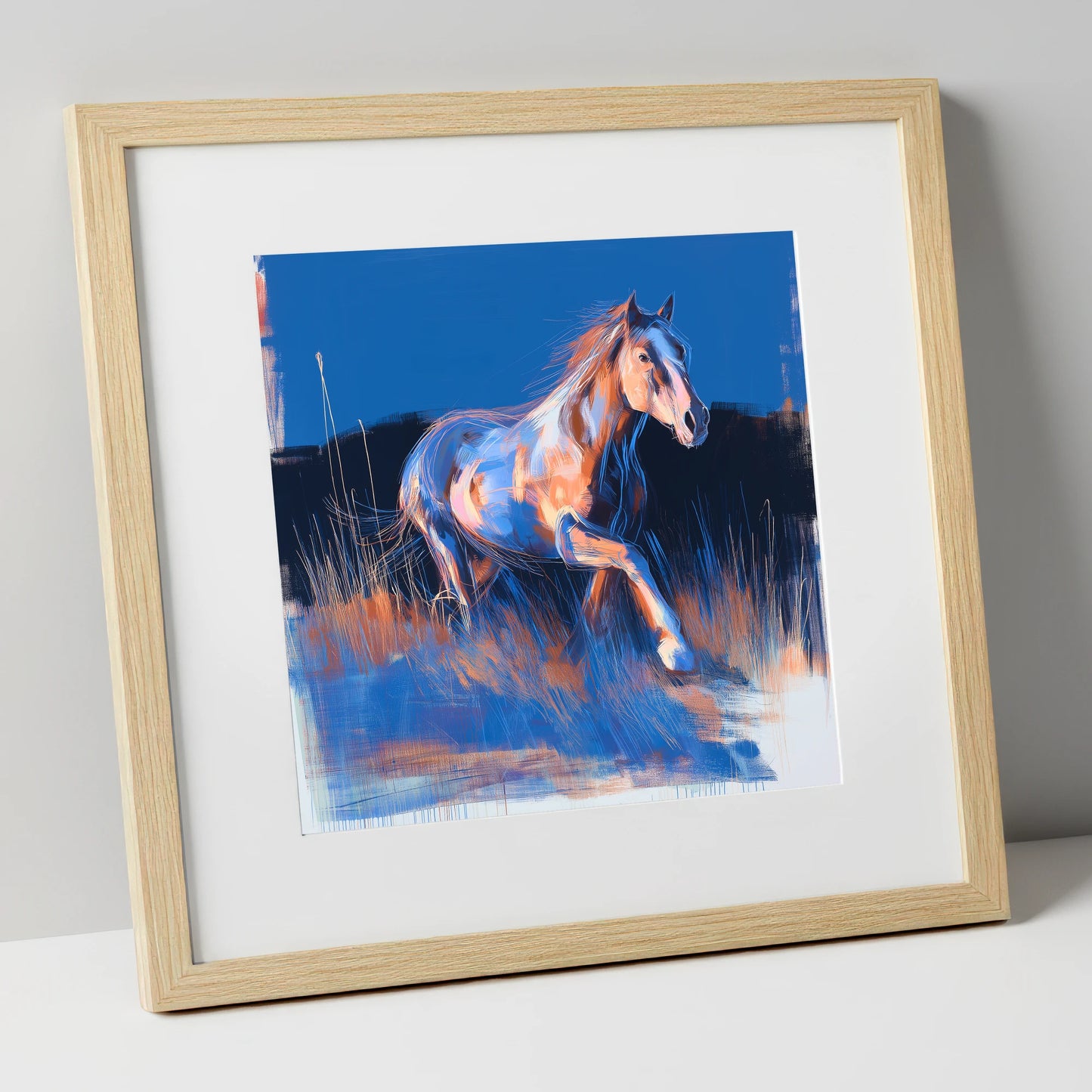 Wanderer in Blue horse landscape art print in natural frame