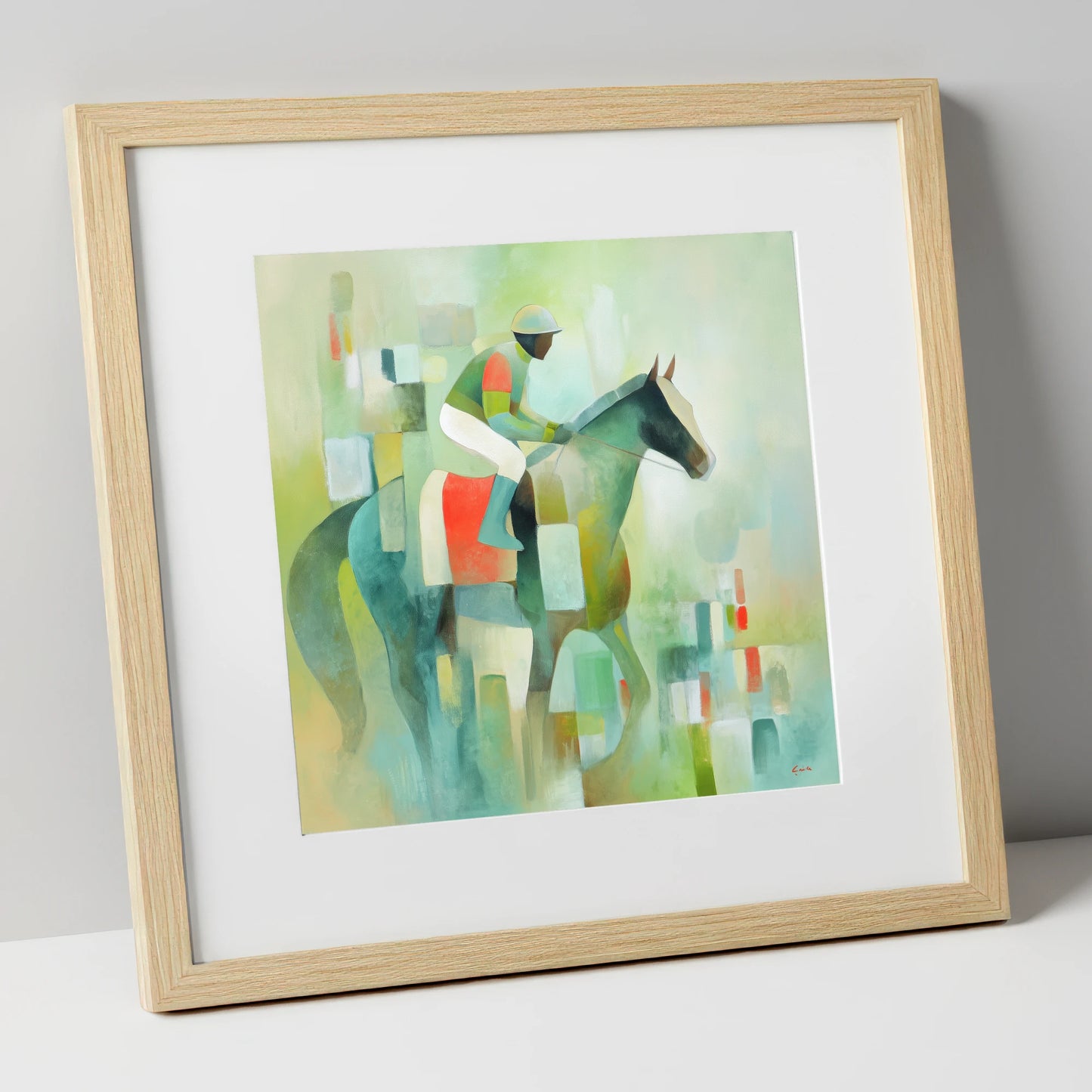 Serene Racing Geometry racing horse art print in natural frame