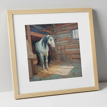 Peaceful Stable Morning horse stable art print in natural frame