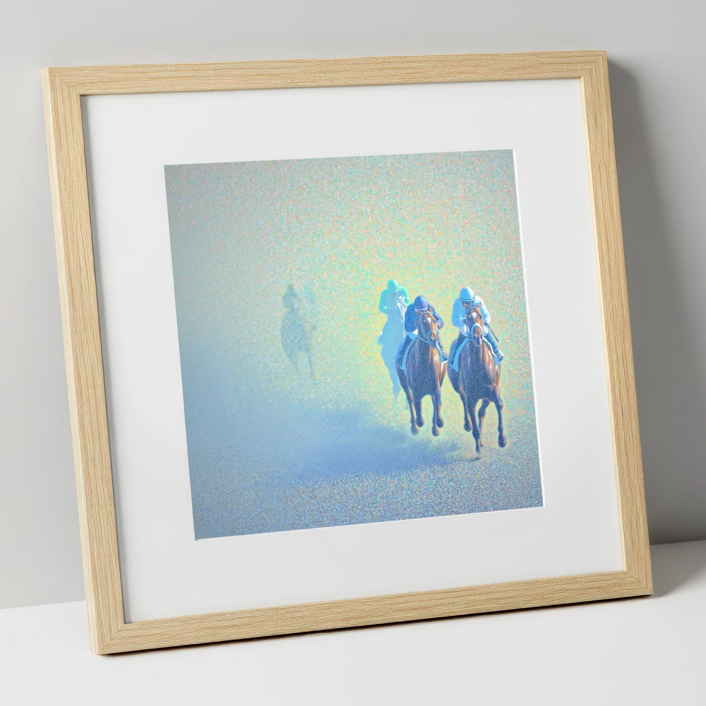 Luminous Morning Chase racing horse art print in natural frame