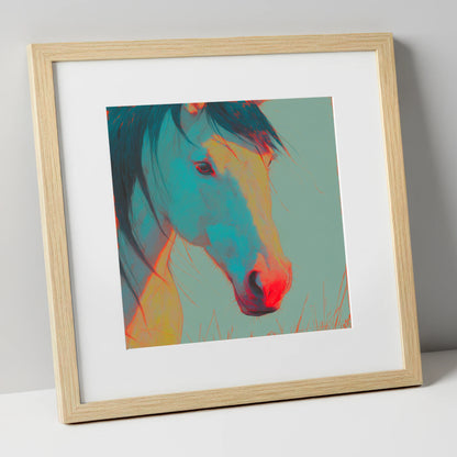 Neon Equine Gaze horse portrait art print in natural frame