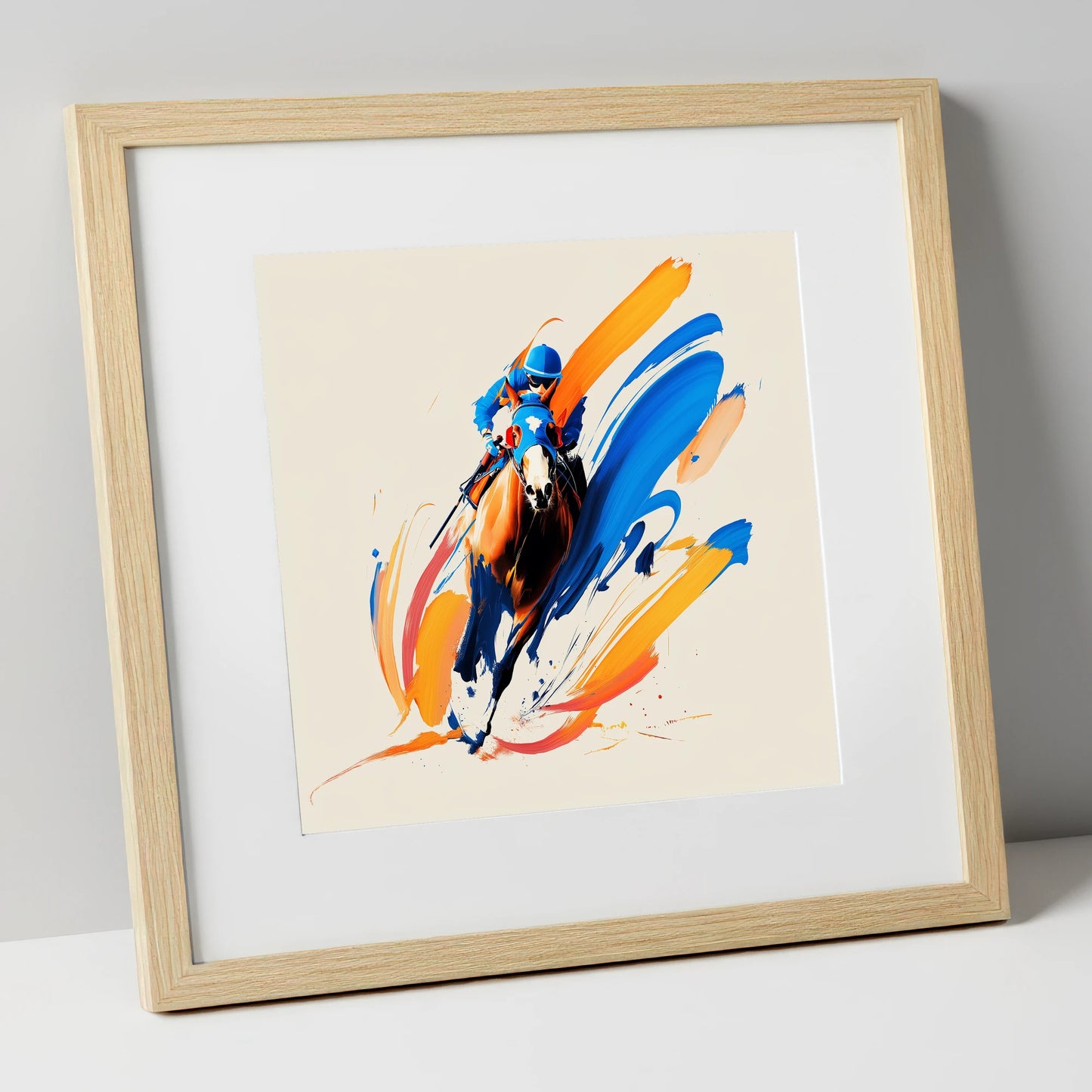 Blue Silks Surging racing horse art print in natural frame