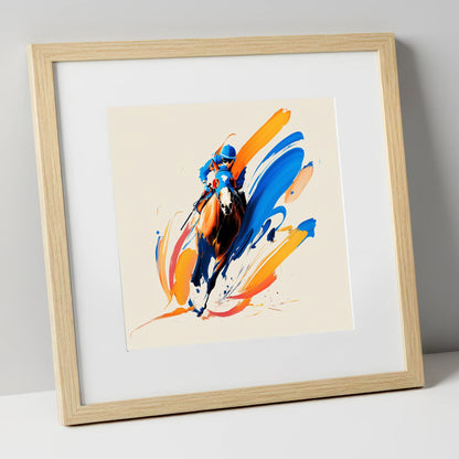 Blue Silks Surging racing horse art print in natural frame
