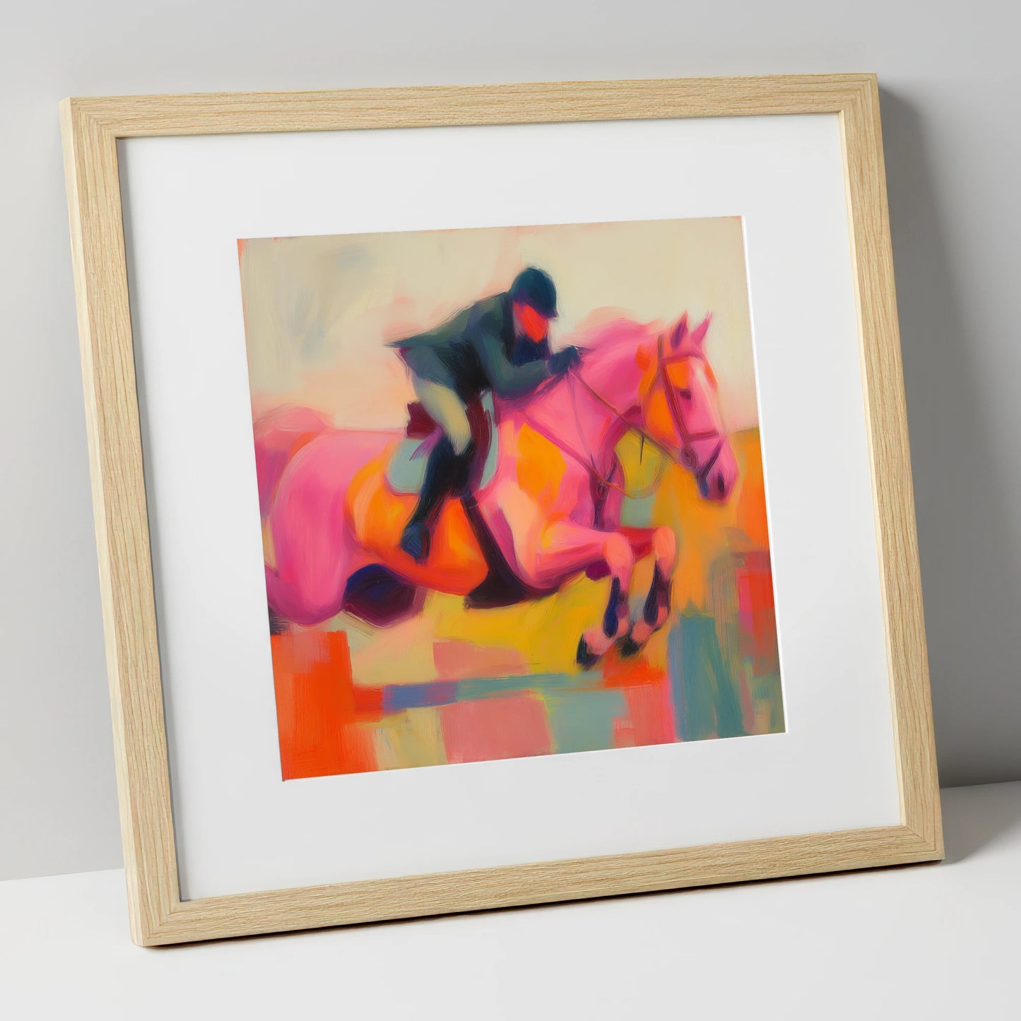 Vivid Ascent show jumping horse art print in natural frame