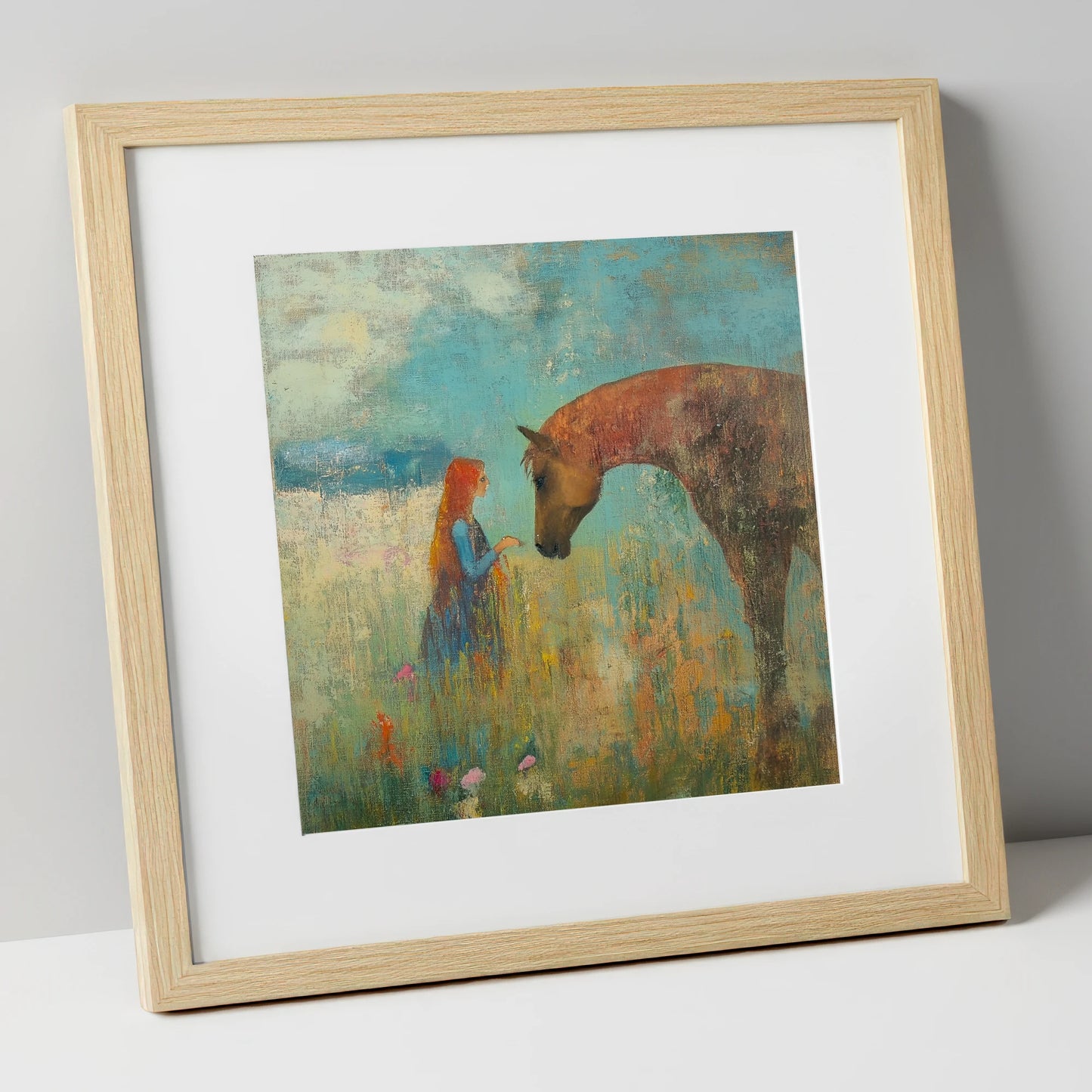 A Quiet Connection horse & rider art print in natural frame