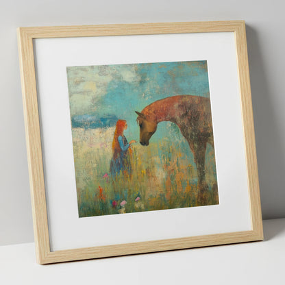 A Quiet Connection horse & rider art print in natural frame