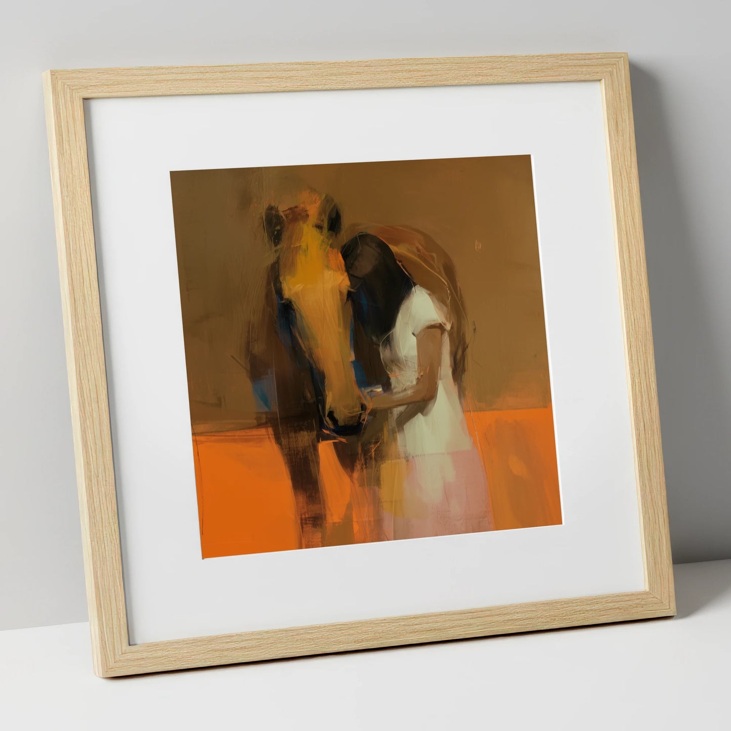 Silent Understanding horse & rider art print in natural frame