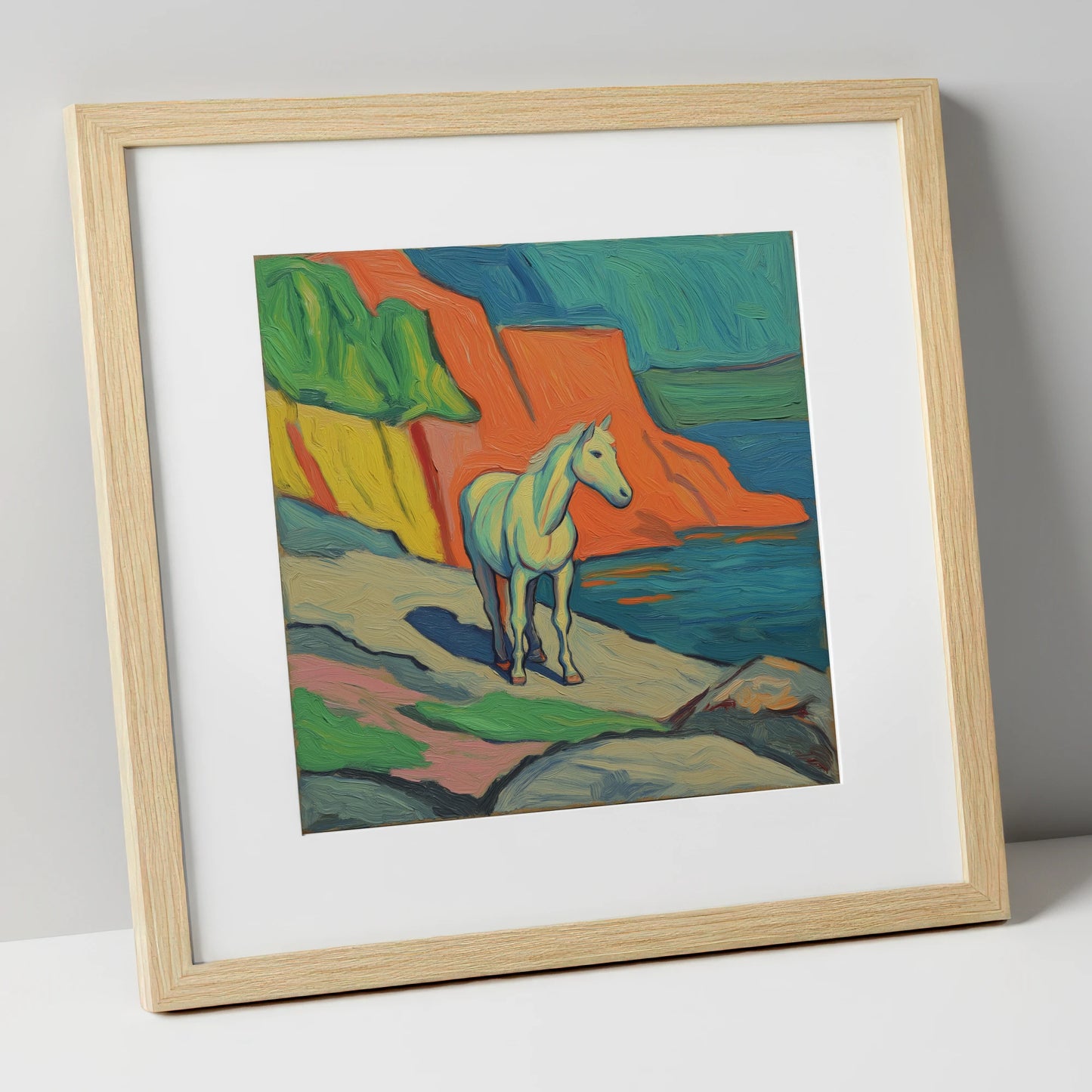 Vibrant Coastal Grey horse landscape art print in natural frame