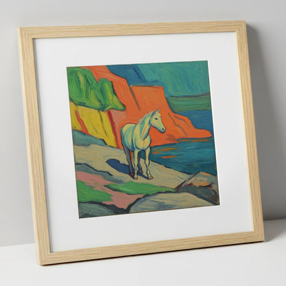 Vibrant Coastal Grey horse landscape art print in natural frame