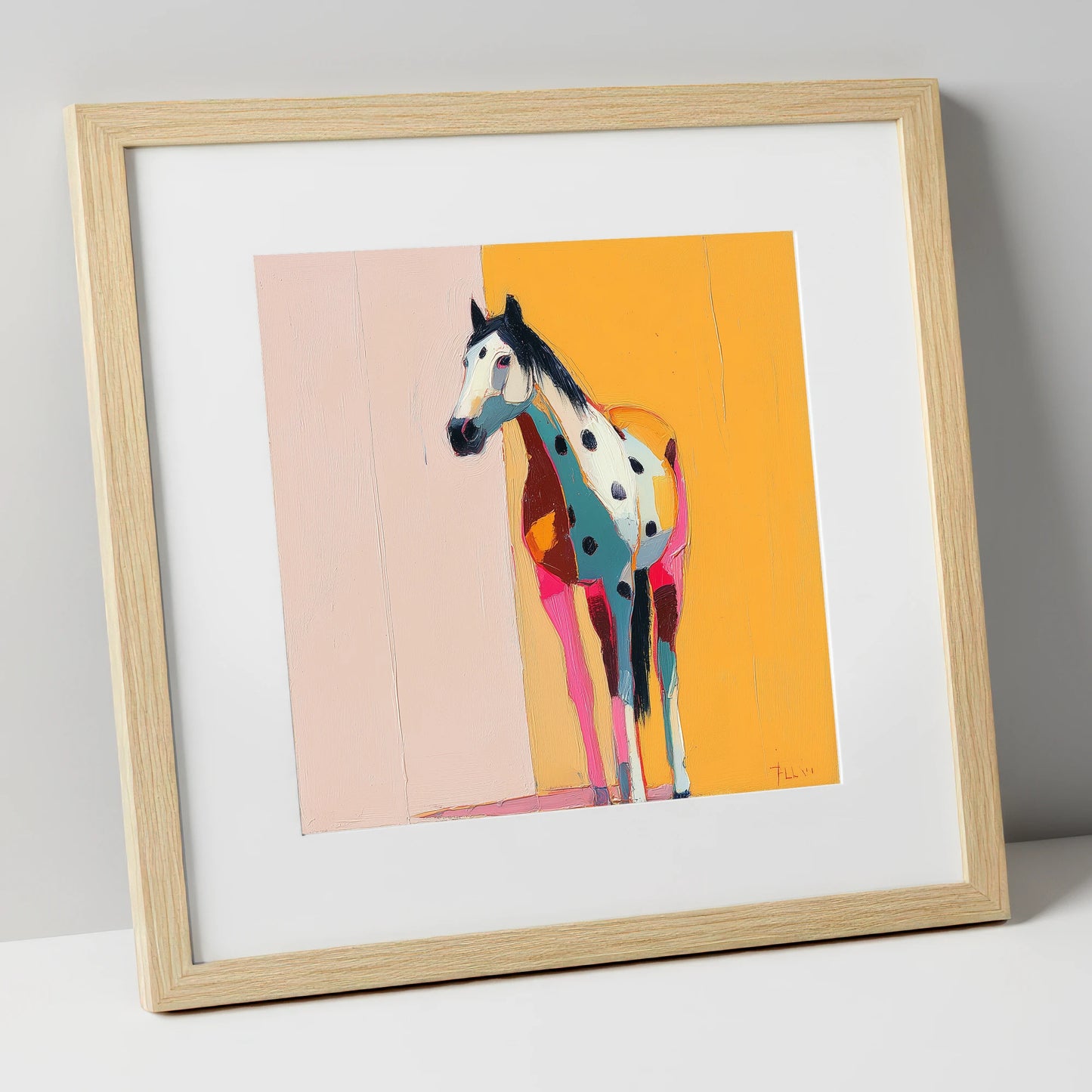 Technicolour Appaloosa horse breed art print in natural frame