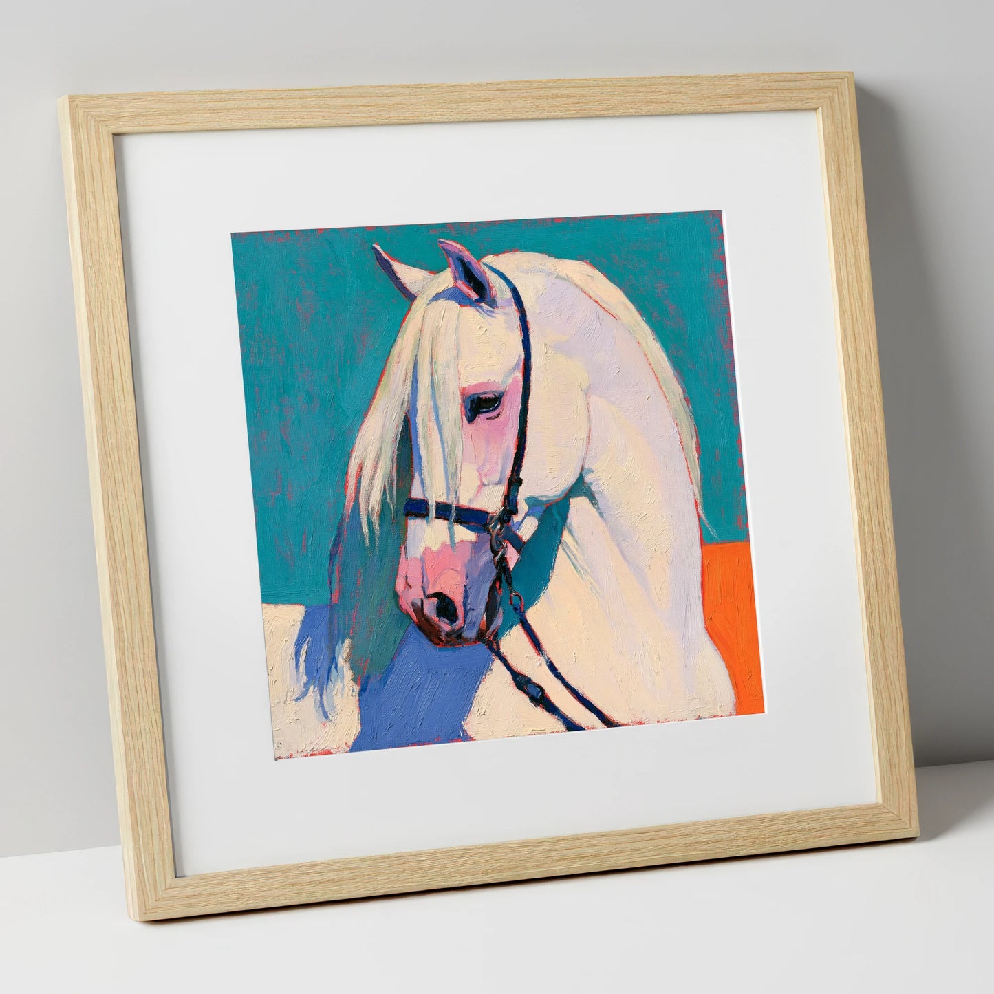 Vibrant Grey Horse on Teal horse breed art print in natural frame