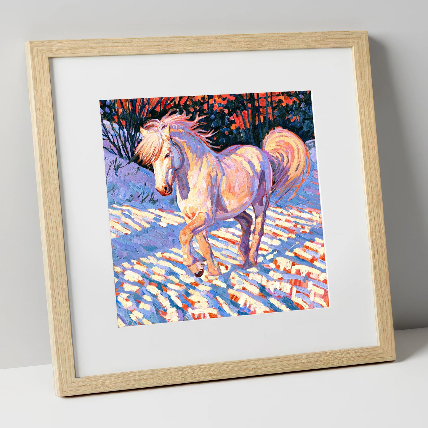 Vibrant Winter Horse in Snow horse breed art print in natural frame