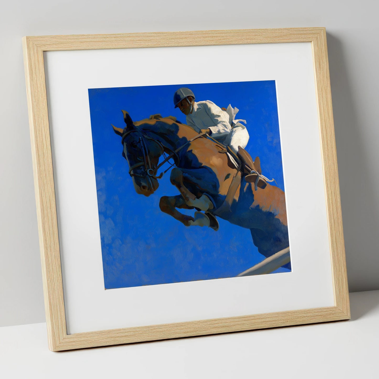 Skyward Bound show jumping horse art print in natural frame