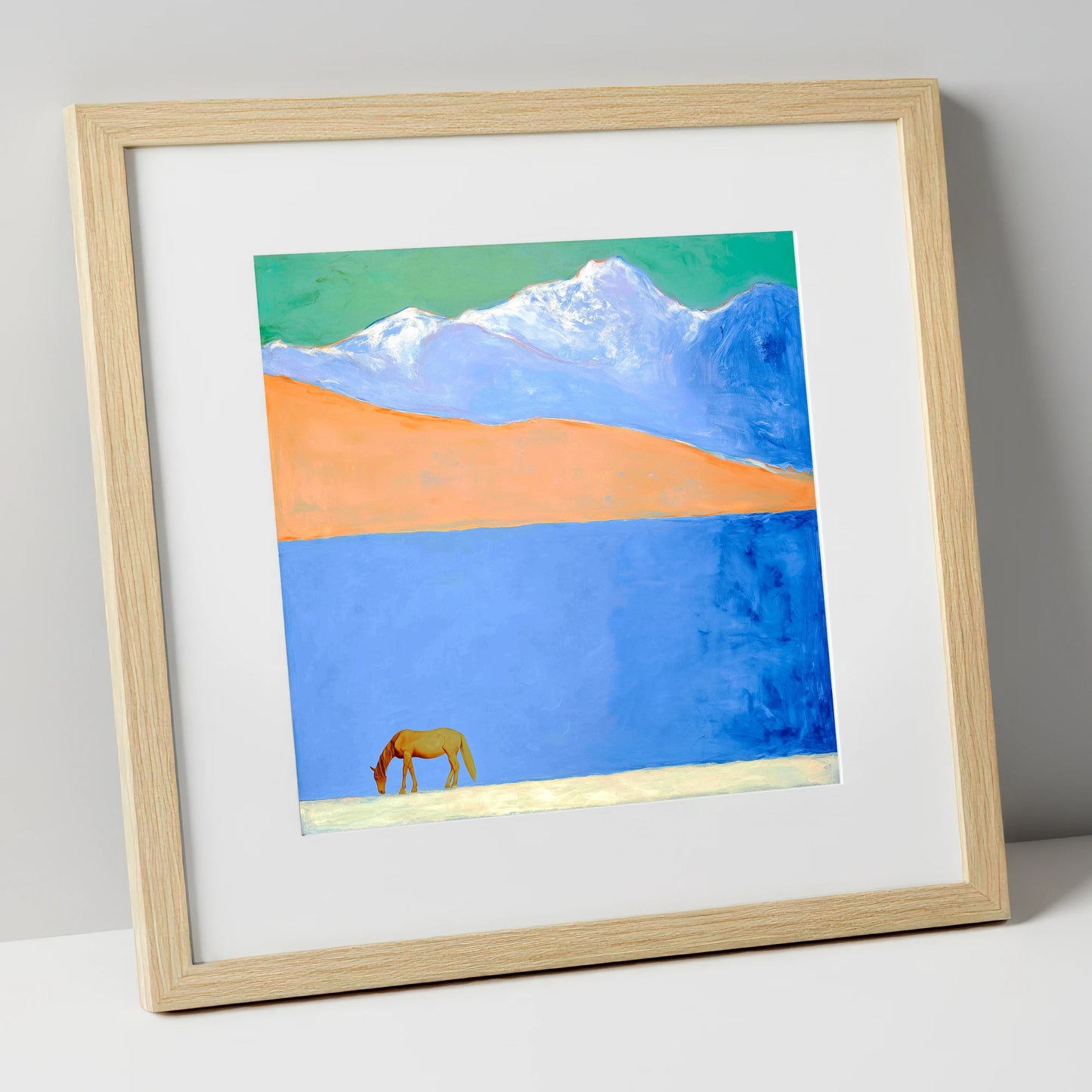 Alpine Solitude horse landscape art print in natural frame