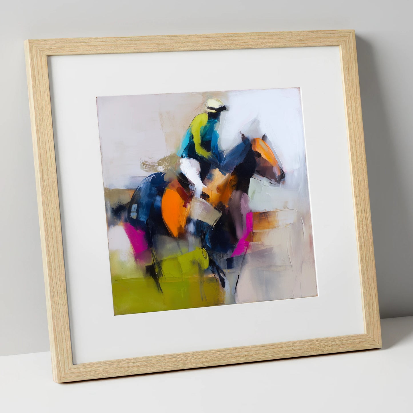 The Vivid Furlong racing horse art print in natural frame