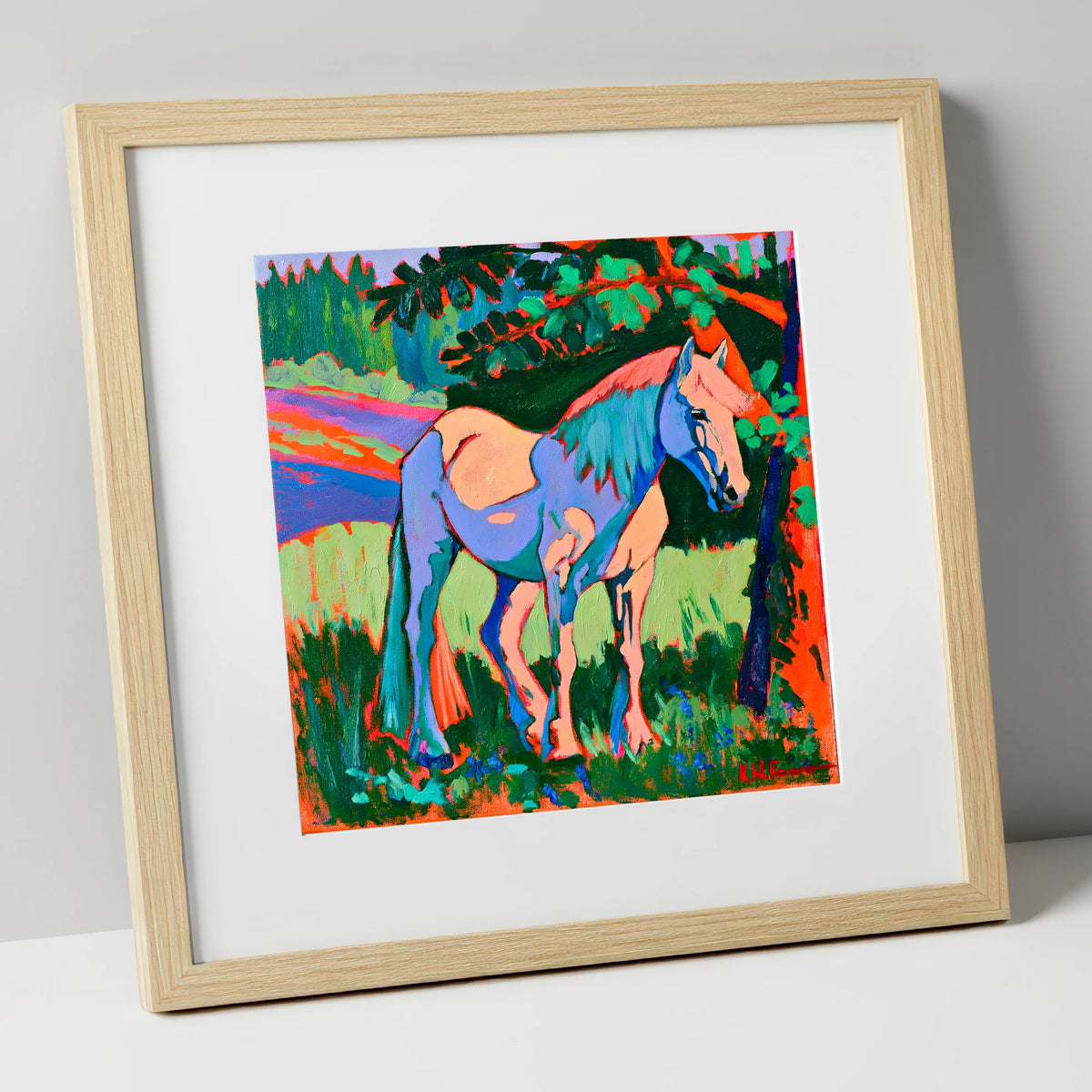 Vibrant Blue Horse Under Tree horse breed art print in natural frame