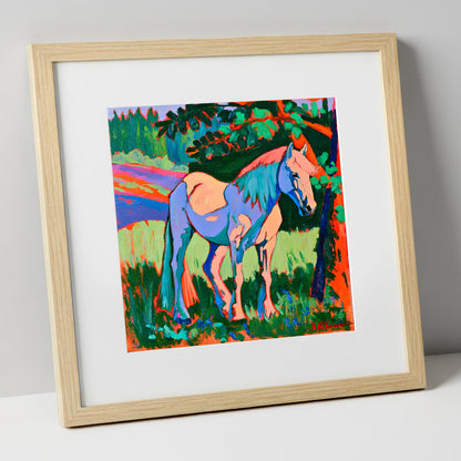 Vibrant Blue Horse Under Tree horse breed art print in natural frame