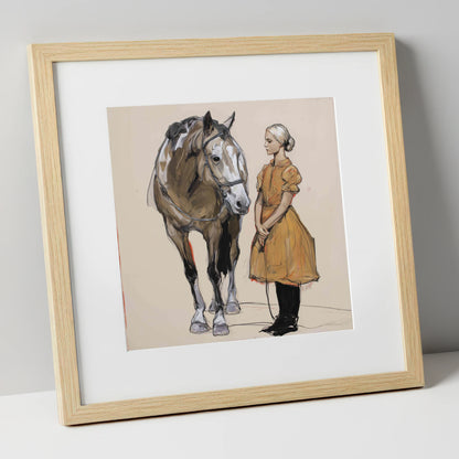 The Quiet Connection horse & rider art print in natural frame