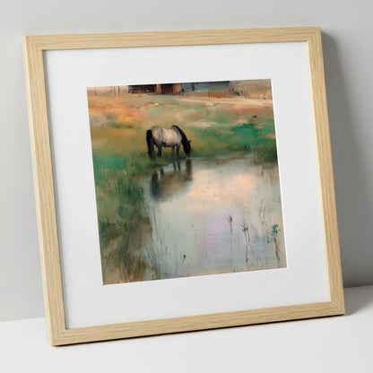 Tranquil Reflections horse landscape art print in natural frame